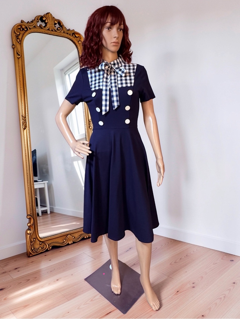 Magnolia Place EUC Sz S Retro Style Navy Short Sleeve Midi Dress Gingham Bow 893